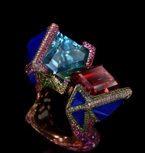 My Dreams │ Ring 3.5CM(W) x 3.5CM(H) Tourmaline 1pc 11.56ct, Aquamarine 1pc 9.93ct, Tourmaline 1pc 1.97ct, Lapis Lazuli, Diamond, Tsavorite Garnet, Pink Sapphire Created in 2015