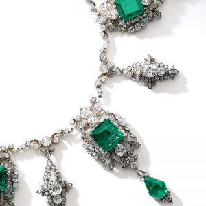 Magnificent emerald and diamond necklace, circa 1880 From the Collection of the Princess Doria Pamphilj. Formerly part of the collection of the princely Roman family Doria-Pamphilj, this magnificent Colombia emerald and diamond necklace boasts impeccable provenance, having remained in the family since its creation. It was made for Lady Emily Augusta Pelham Clinton (1863-1919, who married Alfonso Doria Pamphilj (1851-1914) – heir to the family’s fortune – in 1882.