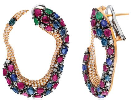 Multicolor Sneaky Earrings in 18K Rose Gold with Rubies, Blue Sapphires, Emeralds and Diamonds