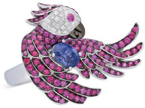 Parrot Ring w/Sapphire in 18K White Gold with White Diamonds, Rubies and Sapphires